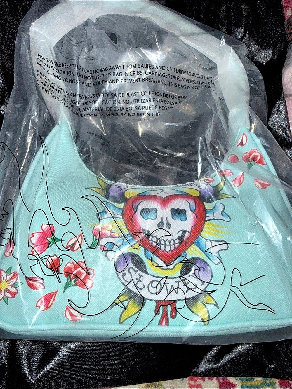 Ed Hardy Love Kills Slowly Tattoo Print Shoulder Bag Cosmetic Bag Blue & Pink